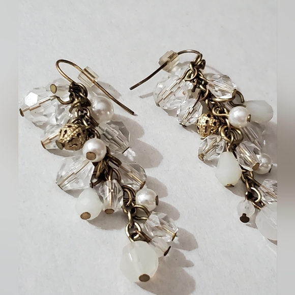 Vintage pearl crystal earrings cluster dangle filigree 80's 90's - Picture 5 of 8